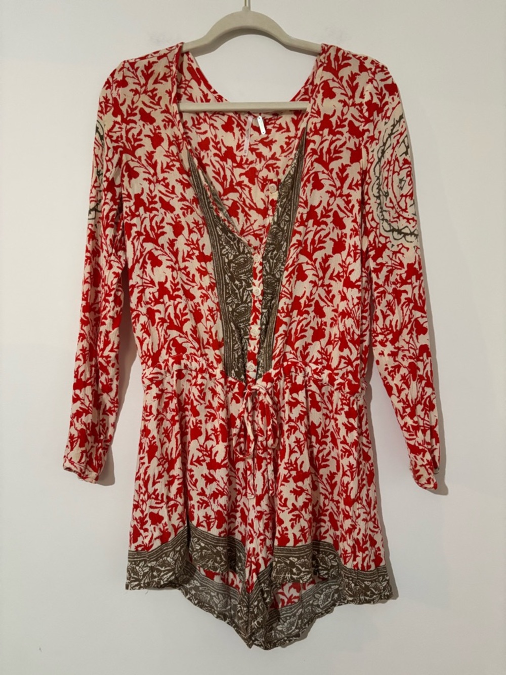 Free People Red and Cream Floral V-Neck Long Sleeve Romper